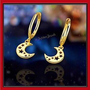 New 925 gold celestial moon crescent planet stars hoop charm earrings